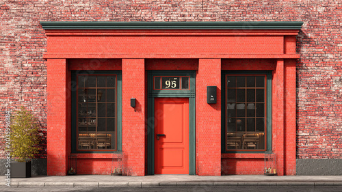 Minimalist storefront elevation with rich red depth and rugged bricks