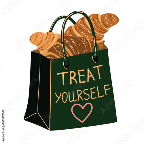 Obraz na płótnie Shopping bag with croissants vector illustration, flat paper goodie bag with tre