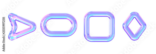 3D geometric outline frames and arrow pointer shapes, glossy prismatic Y2K decorative elements set