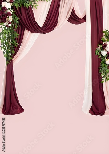 Elegant wedding arch frame background with burgundy maroon and blush pink drapery fabric and floral arrangements
