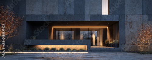 Minimal luxury house exterior with matte textures and hidden lighting