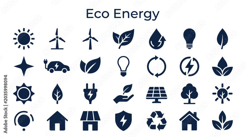 Obraz premium Eco energy icons set representing renewable resources like wind solar power and electric vehicles for sustainable environment and green technology concepts