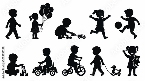 Black silhouettes of children playing, set of 10 kids vector icons, childhood activities and hobby silhouettes, toddlers with toys and sports equipment