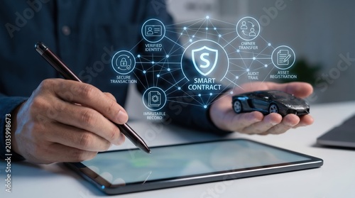 High-Tech Smart Contract for Vehicle Purchase: Hands Signing Digital Agreement and Holding Car Model with Holographic Blockchain Network and Security Icons