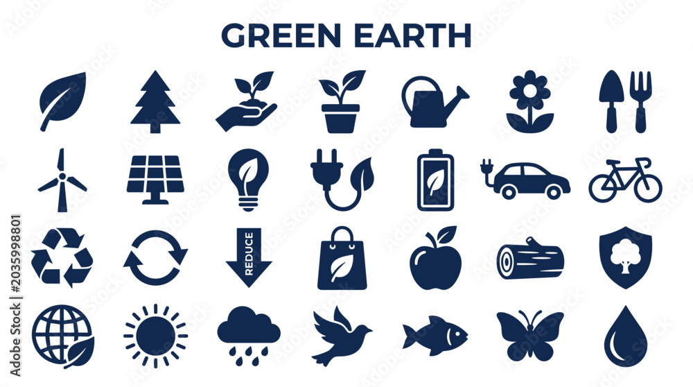 Obraz premium Green Earth Icons Set Representing Ecology Sustainability Renewable Energy and Nature Conservation Concepts