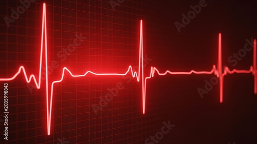 Medical ECG Heartbeat Line Pulse Monitor Display in Dark Red Neon Light Background