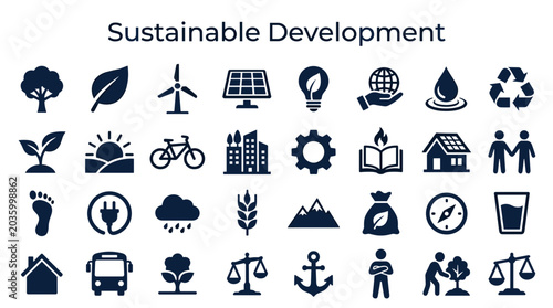 Foto Sustainable development icons concept for global environmental protection and ecological balance with icons representing nature industry and community