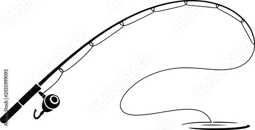 Bent fishing rod reel line and hook in black solid style on white background in outline style