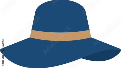 Blue wide-brimmed sun hat with tan ribbon detail, isolated on white background