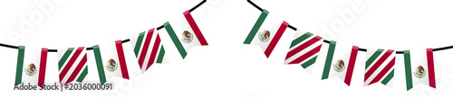 Mexican flag pennant banners ideal for festive displays, party decorations, patriotic events, and cultural celebrations. Colorful and vibrant.