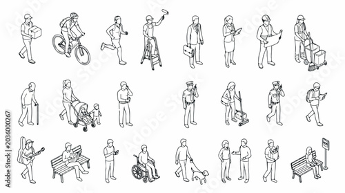 Isometric people vector icons set, diverse urban characters in line art style, 23 human figures for city planning and architectural visualization