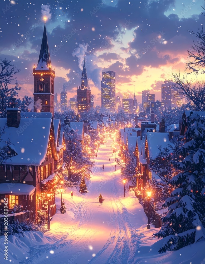 Naklejka premium Snowy Christmas night in an old European city square with illuminated architecture, a historic church tower, and urban traffic lights