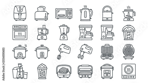 Kitchen Appliance Line Icons Set with Air Fryer, Toaster, Blender, Waffle Maker and Popcorn Machine