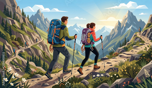 A comic-style illustration of a man and woman with large backpacks hiking up a mountain path on a sunny day.
