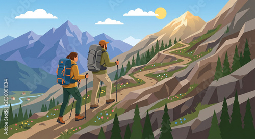 A comic-style illustration of a man and woman with large backpacks hiking up a mountain path on a sunny day.