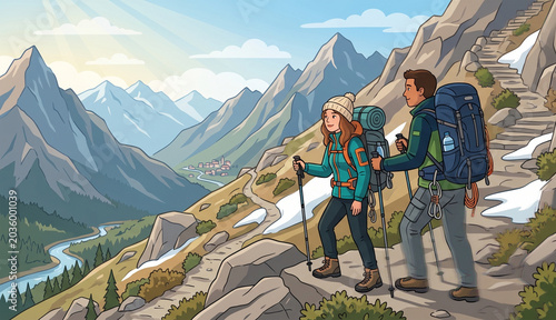 An illustration of a man and woman backpacking up a scenic mountain trail under a bright, sunny sky.