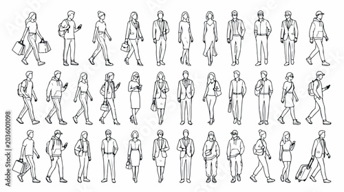 Minimalist line art people walking, set of 33 hand drawn human silhouettes, architectural scale figures for urban planning and rendering