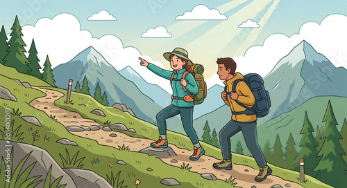 An illustration of a man and woman backpacking up a scenic mountain trail under a bright, sunny sky.