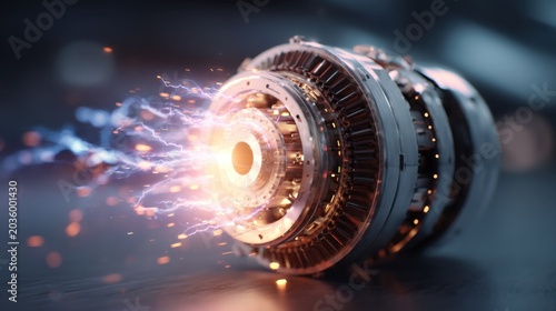 Futuristic Turbine Engine: A powerful turbine engine glows with energy, sparks flying as it hums with futuristic power, hinting at innovation and advanced technology.