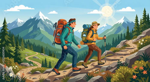 An illustration of a man and woman backpacking up a scenic mountain trail under a bright, sunny sky.