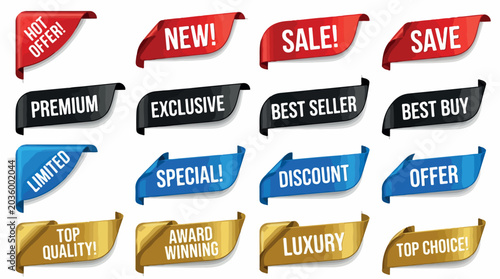Glossy promotional ribbon banners set, 16 colorful vector sale tags and corner labels, premium marketing badges for retail e-commerce websites