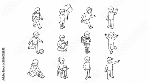 Isometric children line art collection, set of 12 school kids vector icons, diverse students playing and learning outline characters