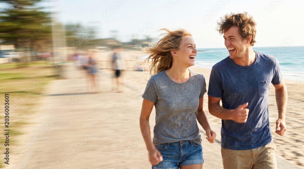 Naklejka premium Young Caucasian couple jogging together on a sunny beach promenade, laughing and enjoying a healthy active lifestyle, fitness motivation and relationship happiness