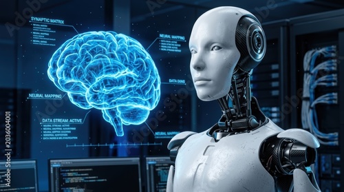 Advanced humanoid robot analyzing a digital holographic brain model in a hightech server room