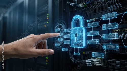 Cyber security concept with digital lock and server room background
