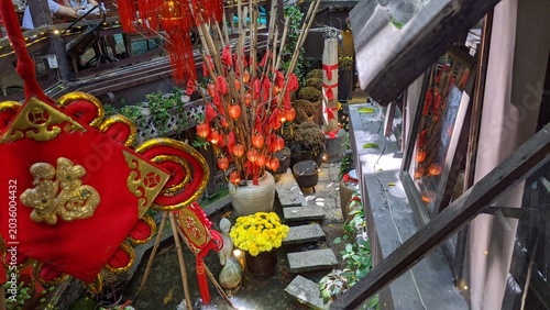 Traditional space in Vietnam: Interior: Retro and nostalgic antique-style room decorated with ceramics and old folk tools