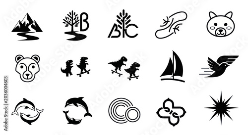 Black and White Icons Set: Nature, Animals, Sports, Business, Technology, Abstract Symbols
