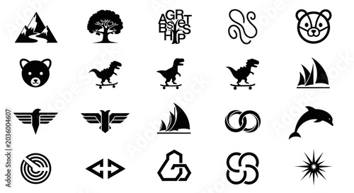 Black Silhouette Icons Set: Nature, Animals, Symbols, and Objects