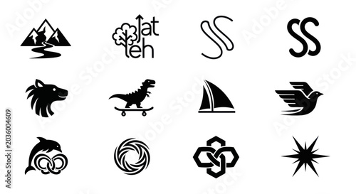 Collection of 12 Black and White Vector Icons and Symbols