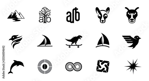 Collection of 15 diverse black vector icons and symbols on white background