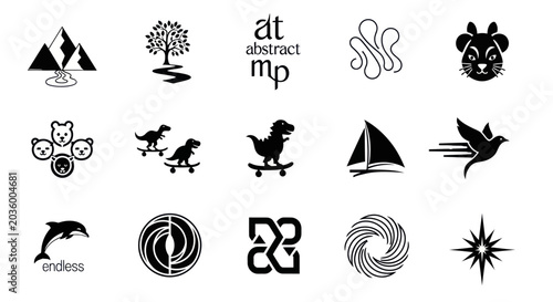 Collection of Black and White Icons and Logos: Animals, Nature, Abstract, Symbols