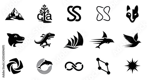 Collection of Black and White Icons and Logos: Animals, Nature, Symbols, Abstract