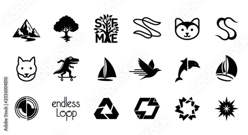 Collection of Black and White Icons: Nature, Animals, Symbols, and Design Elements