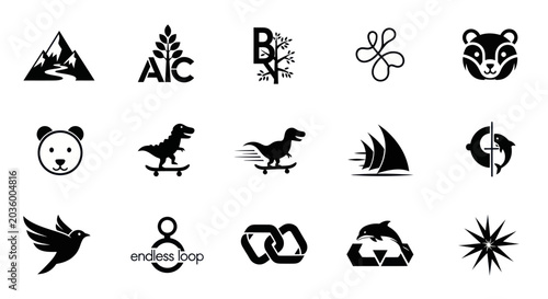 Collection of Black and White Icons: Nature, Animals, Symbols, and Icons