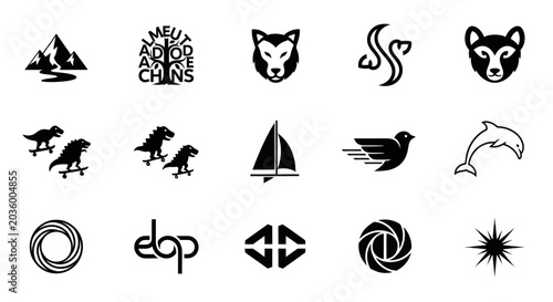 Collection of Black and White Vector Icons - Animals, Objects, and Symbols