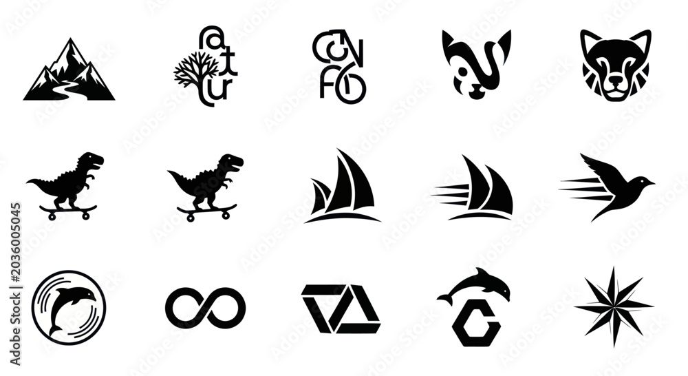 Fototapeta premium Collection of Black and White Vector Icons and Logos - Nature, Animals, Transport, Abstract