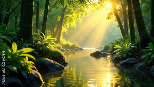 Golden sunlight filters through bamboo, illuminating a tranquil stream , picturesque, peaceful, ecology