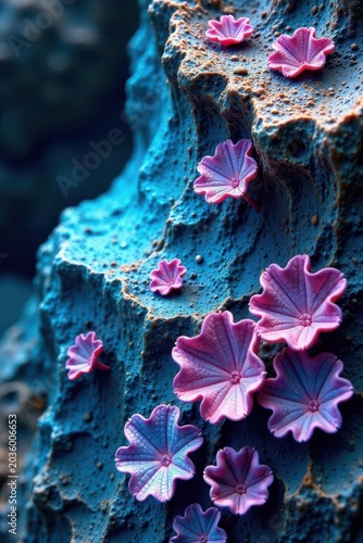Intricate blue-pink algae patterns on a coastal rock face , pastel, coastal, view