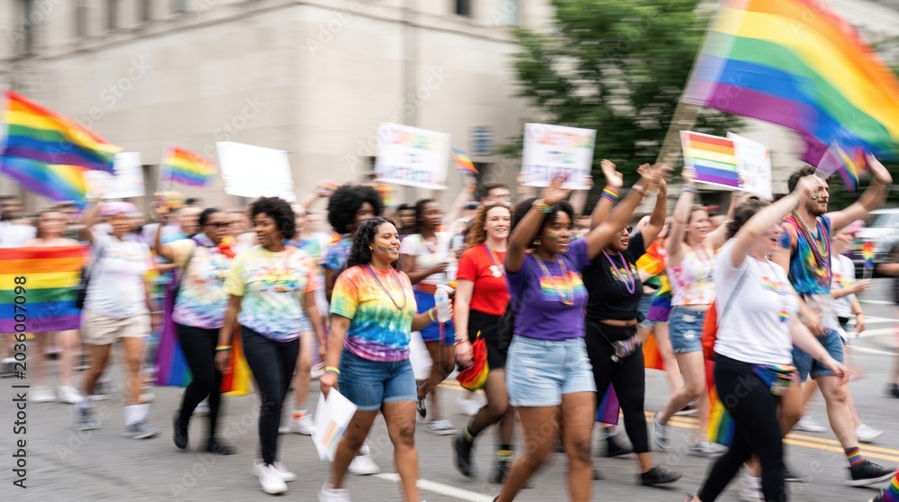 Obraz premium Diverse Group of Young Adults Marching in Pride Parade Celebrating LGBTQ Rights and Equality with Rainbow Flags and Protest Signs in Urban Street Setting