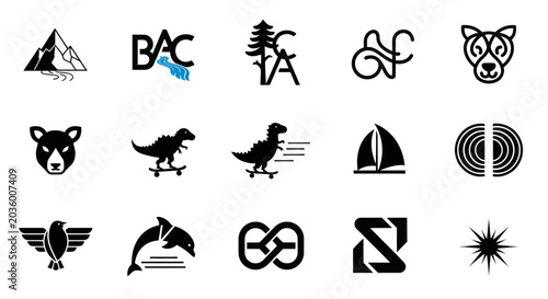 Collection of Black and White Vector Icons for Logos and Branding
