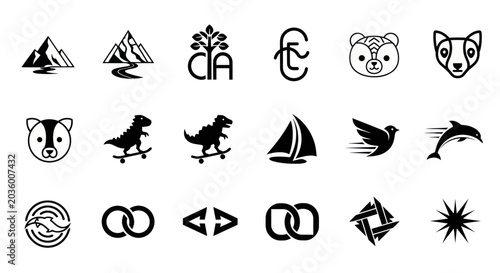 Collection of Black and White Vector Icons: Nature, Animals, Dinosaurs, Sailing, and Abstract Symbols