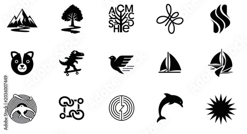 Collection of Black and White Vector Icons: Nature, Animals, Symbols, and Objects