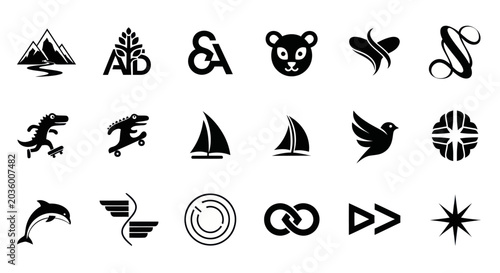 Collection of Black Icons and Symbols - Mountains, Animals, Letters, Shapes
