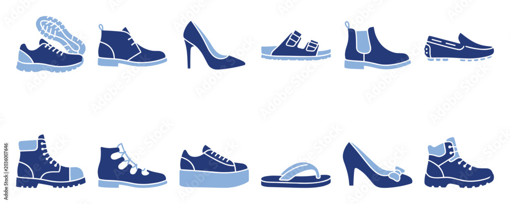 Obraz premium Set of footwear icons. Shoes, boots, sandals, sneakers, heels, loafers, flipflops, clothing accessory symbols. Casual, formal, sports wear collection.