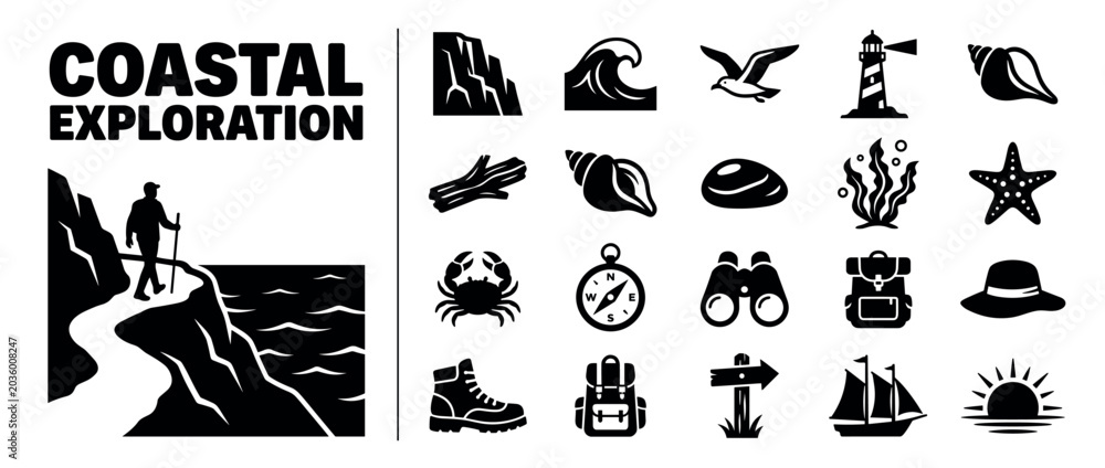 Obraz premium Coastal exploration icons set. Hiking, marine life, and travel symbols. Lighthouse, seashell, crab, starfish, compass, backpack, sailboat. Solid black silhouette style