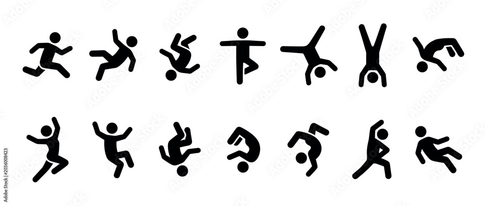 Naklejka premium Human action icons set. People in various dynamic poses. Running, falling, jumping, handstand, somersault, stretching. Solid black silhouette style